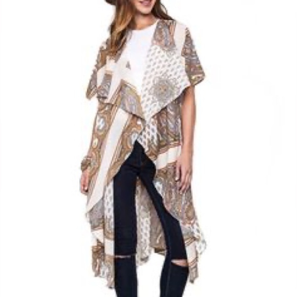 Umgee Paisley Boho Kimono Duster Open Front Cream Multicolor Size S/M Hippie